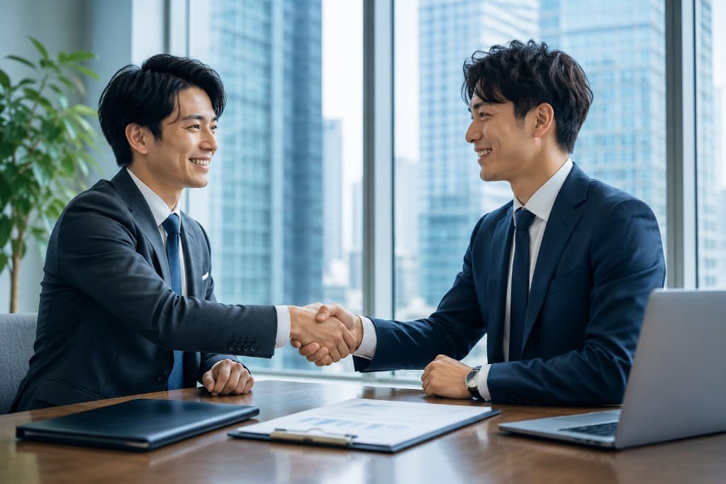 契約の場で業者同士が握手している様子